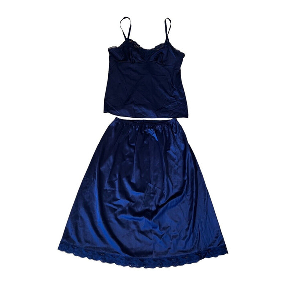 Vintage Vanity Fair Cami 34 and Slip Navy Blue Set Made in USA Lacy - Picture 1 of 7